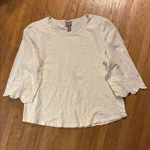 Chico's White Eyelet Long Scalloped Edge Sleeve Top
